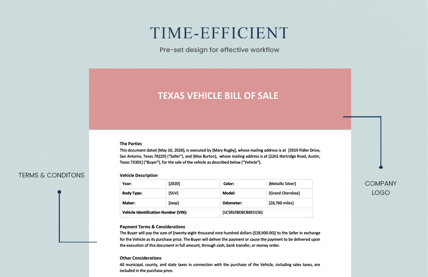 Texas Vehicle Bill of Sale Template