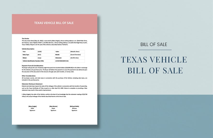 Texas Vehicle Bill of Sale Template