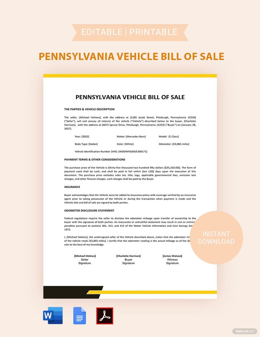 Pennsylvania Vehicle Bill of Sale Template