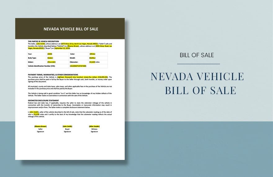 Nevada Vehicle Bill Of Sale Template