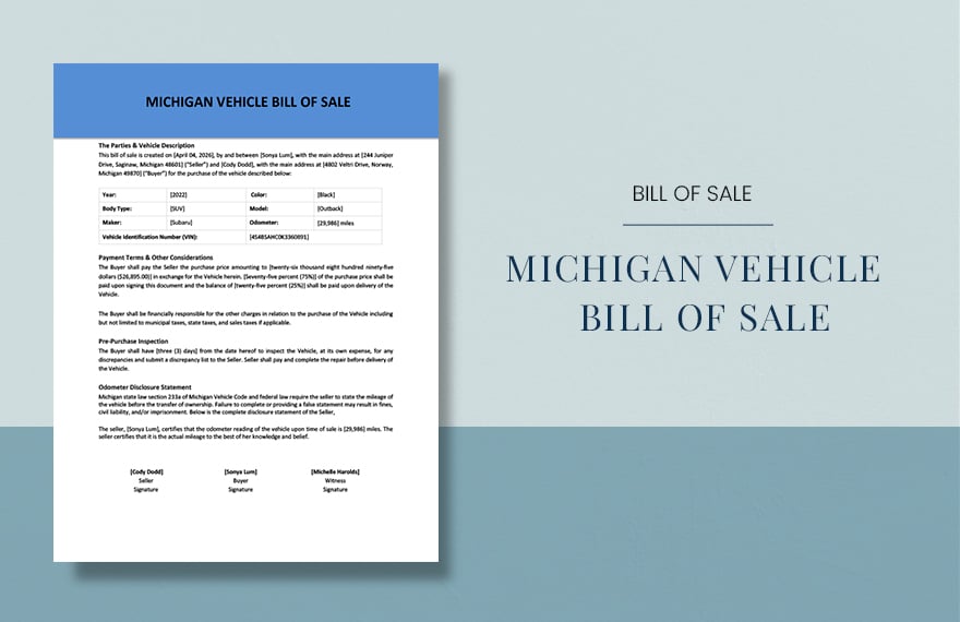 Michigan Vehicle Bill Of Sale Template