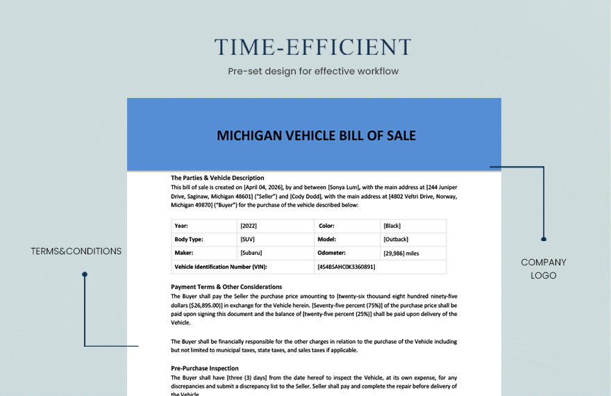 Michigan Vehicle Bill Of Sale Template