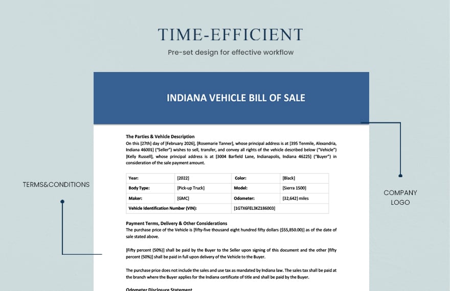 Indiana Vehicle Bill Of Sale Template