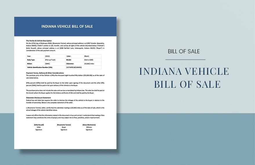 Indiana Vehicle Bill Of Sale Template