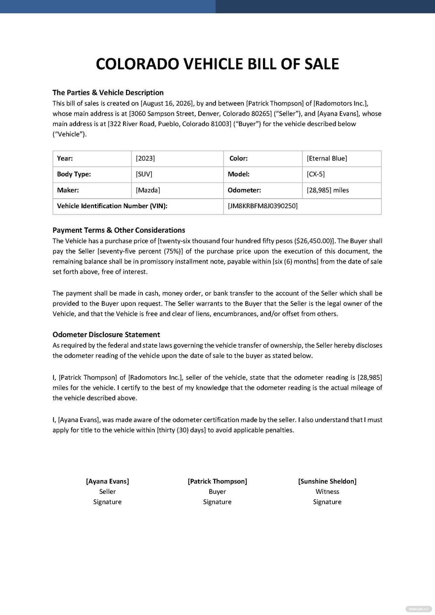 Colorado Mobile Home Bill Of Sale Template Google Docs Word PDF