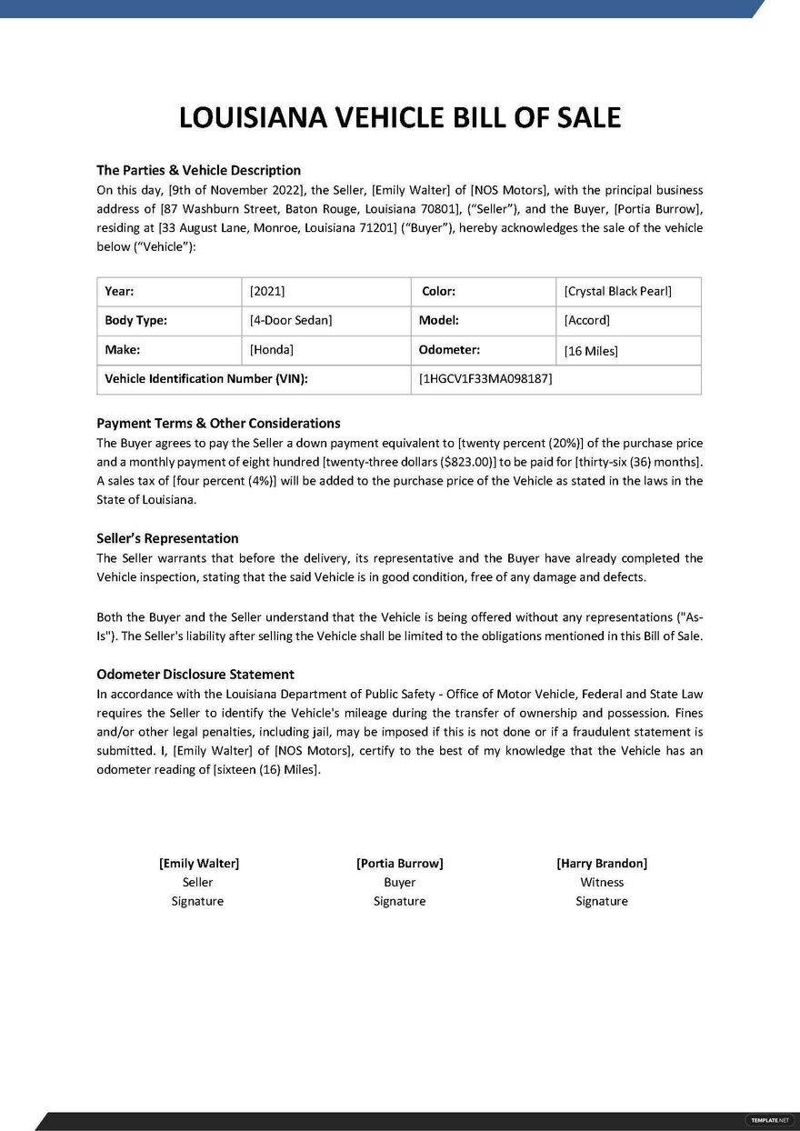 Louisiana Vehicle Bill Of Sale Template Word Google Docs PDF Template