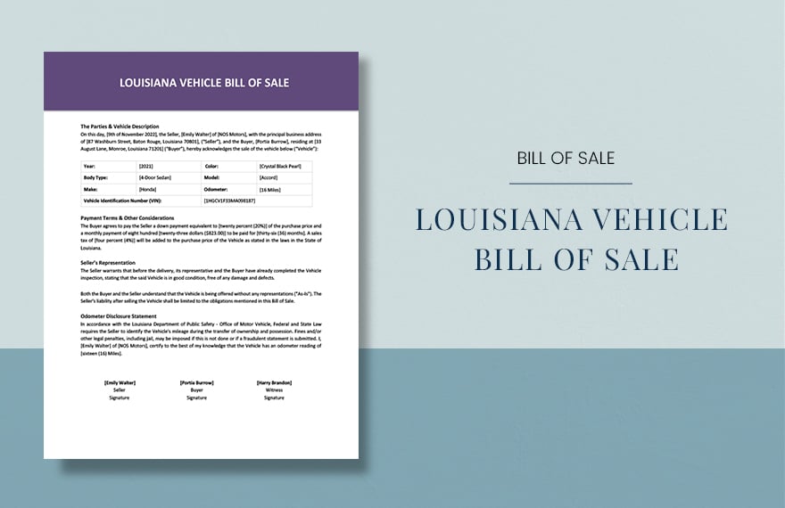 Louisiana Vehicle Bill Of Sale Template