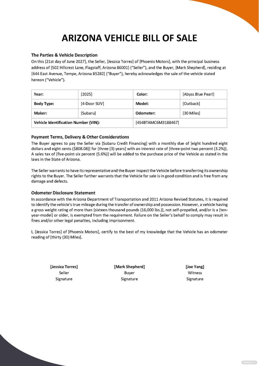 Arizona Vehicle Bill Of Sale Template Download In Word Google Docs PDF Template