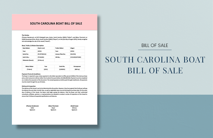 South Carolina Boat Bill Of Sale Template in Word, Google Docs, PDF