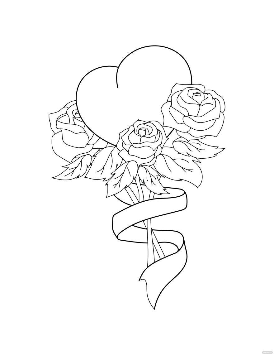 Free Heart and Rose Bouquet Coloring Page