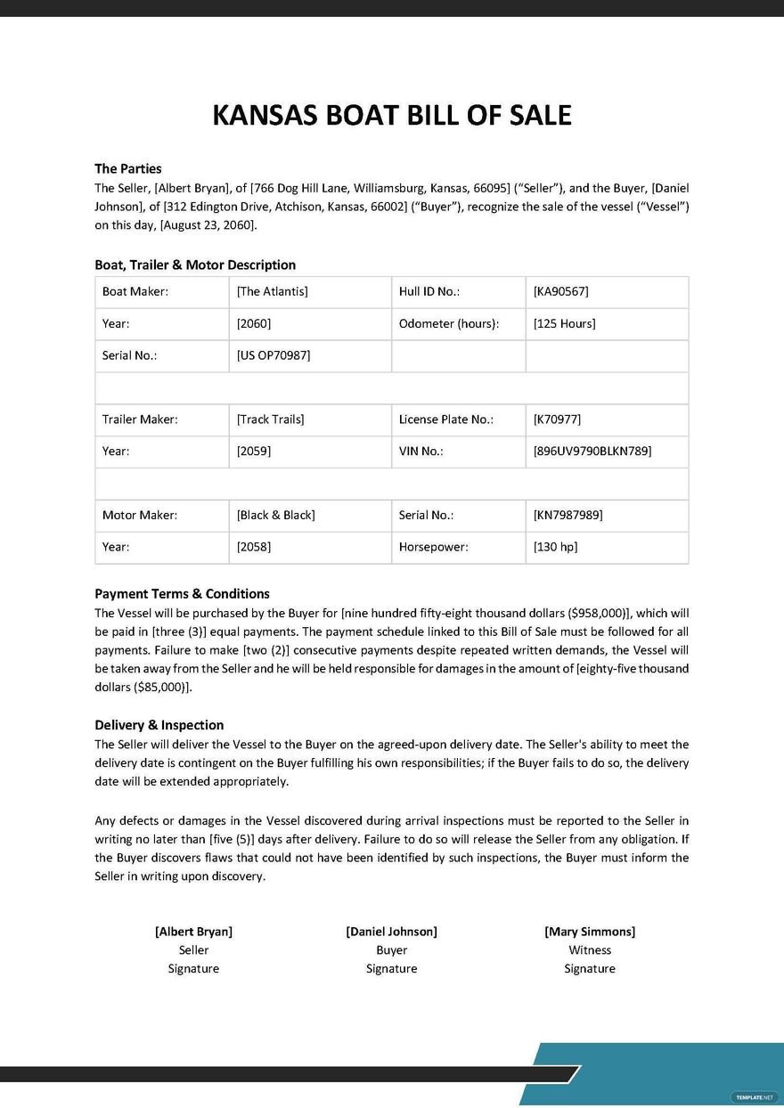 Kansas Boat Bill of Sale Form Template in Word, Google Docs, PDF, Apple Pages