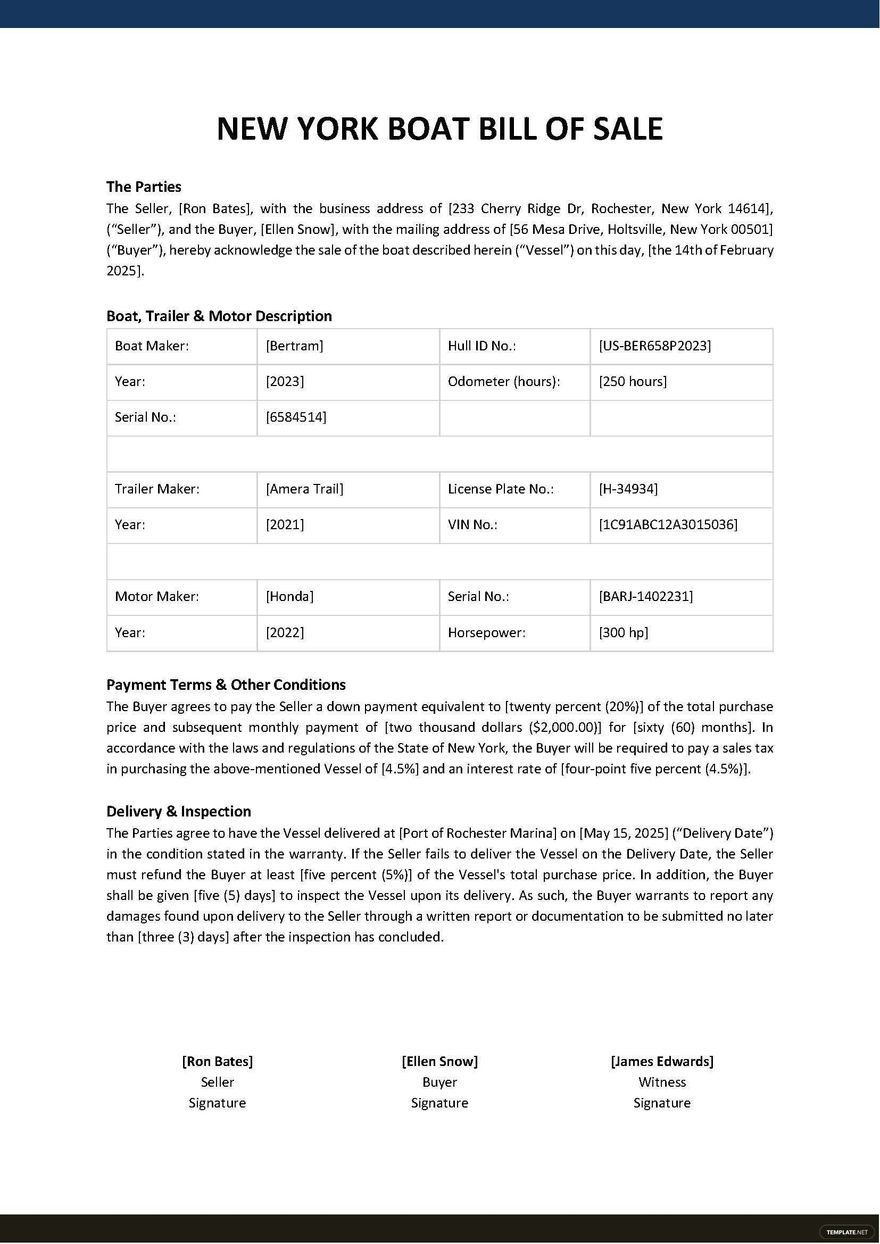 New York Boat Bill Of Sale Template