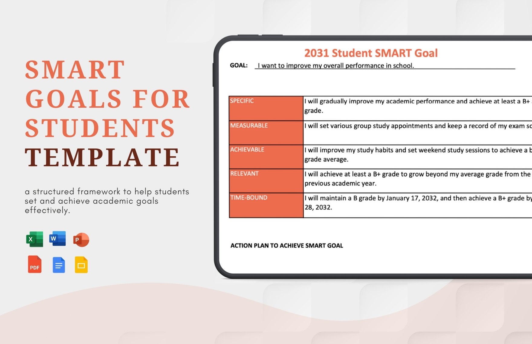 Smart Goals For Students Template in Word, Google Docs, Excel, PDF, PowerPoint, Google Slides