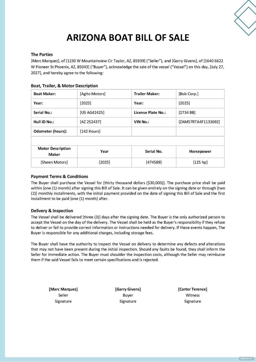 Arizona Boat Bill of Sale Form Template in Word, Google Docs, PDF