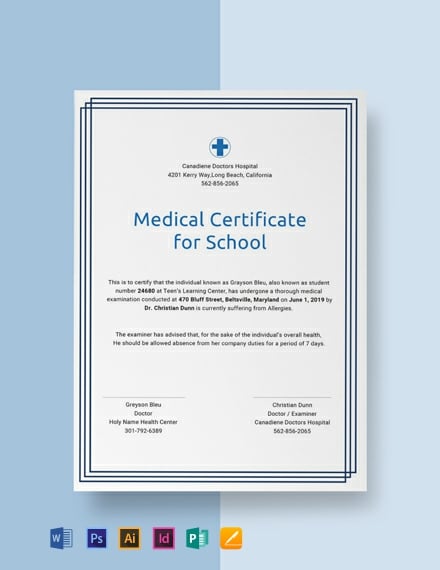Free Medical Certificate for School Template