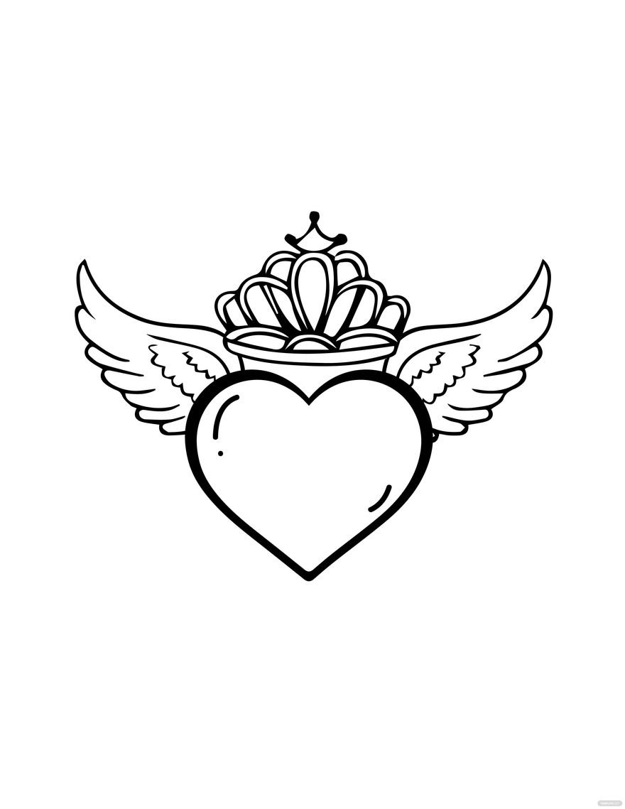 Free Heart With Wings And Crown Drawing