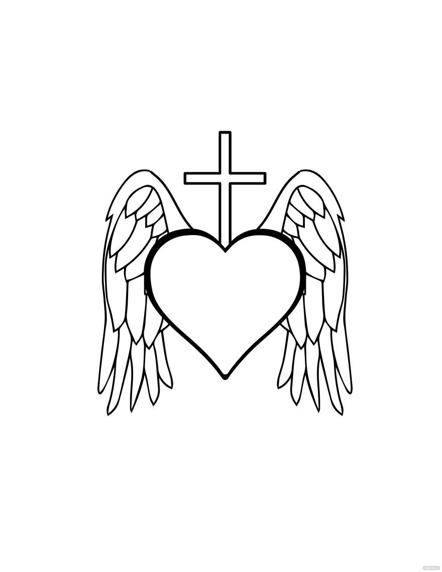 Free Heart With Wings And Cross Drawing