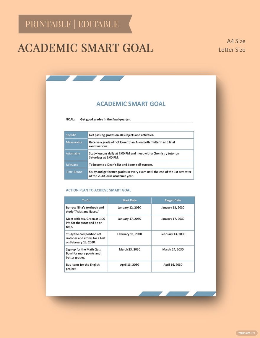 Academic Smart Goals Template in Word, Google Docs, Excel, PDF, PowerPoint, Google Slides