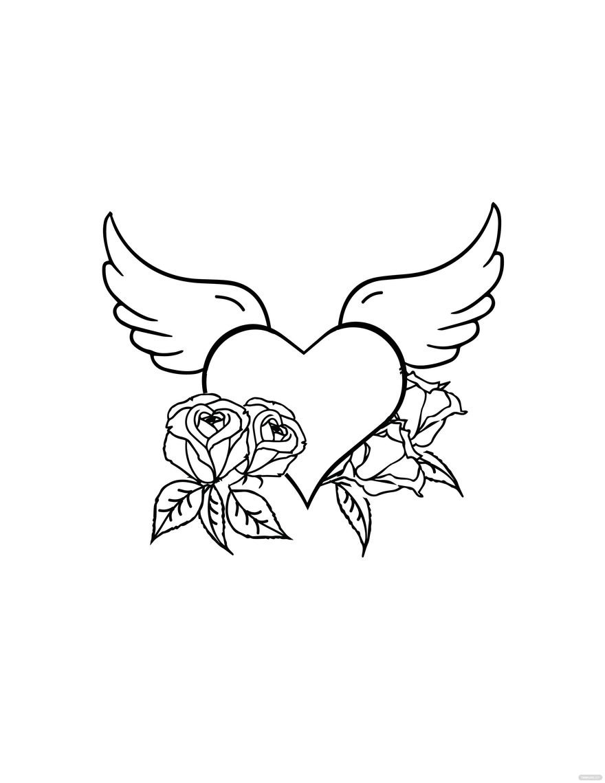Free Roses And Hearts With Wings Drawing