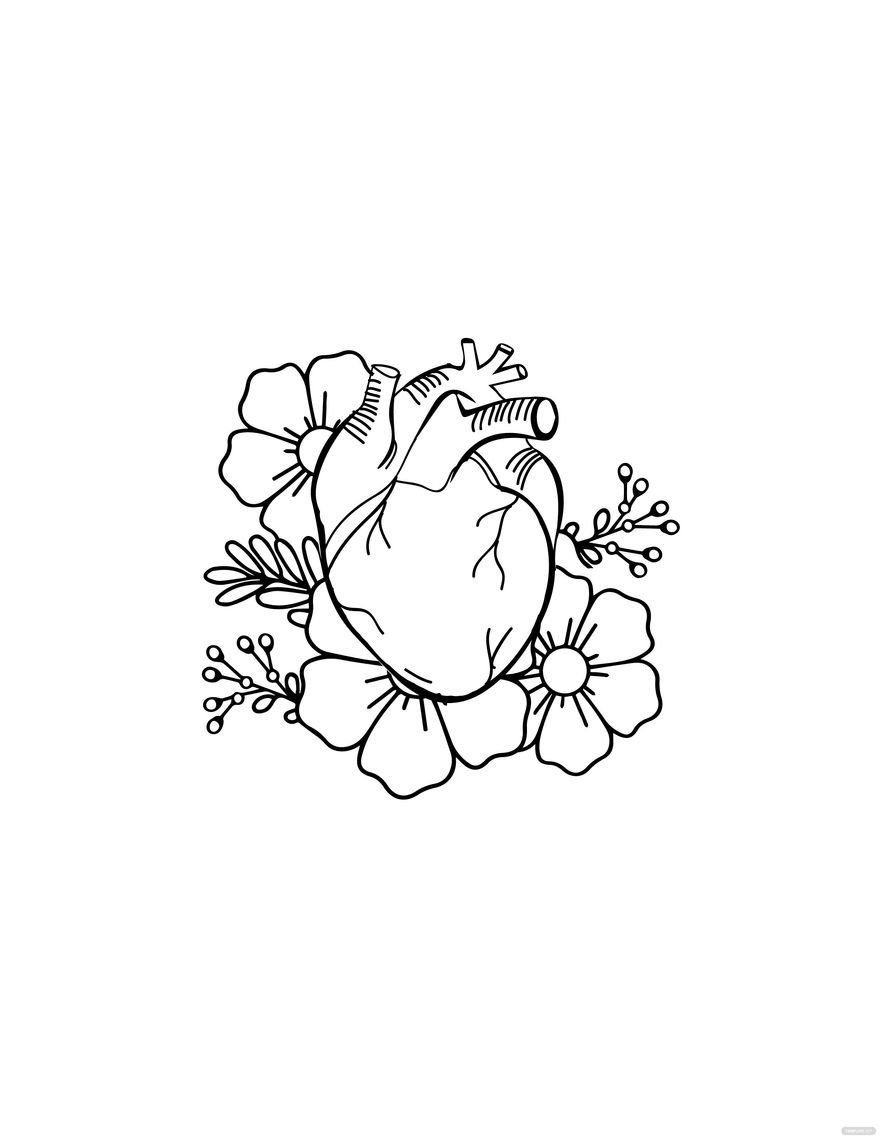 Free Human Heart With Flowers Drawing