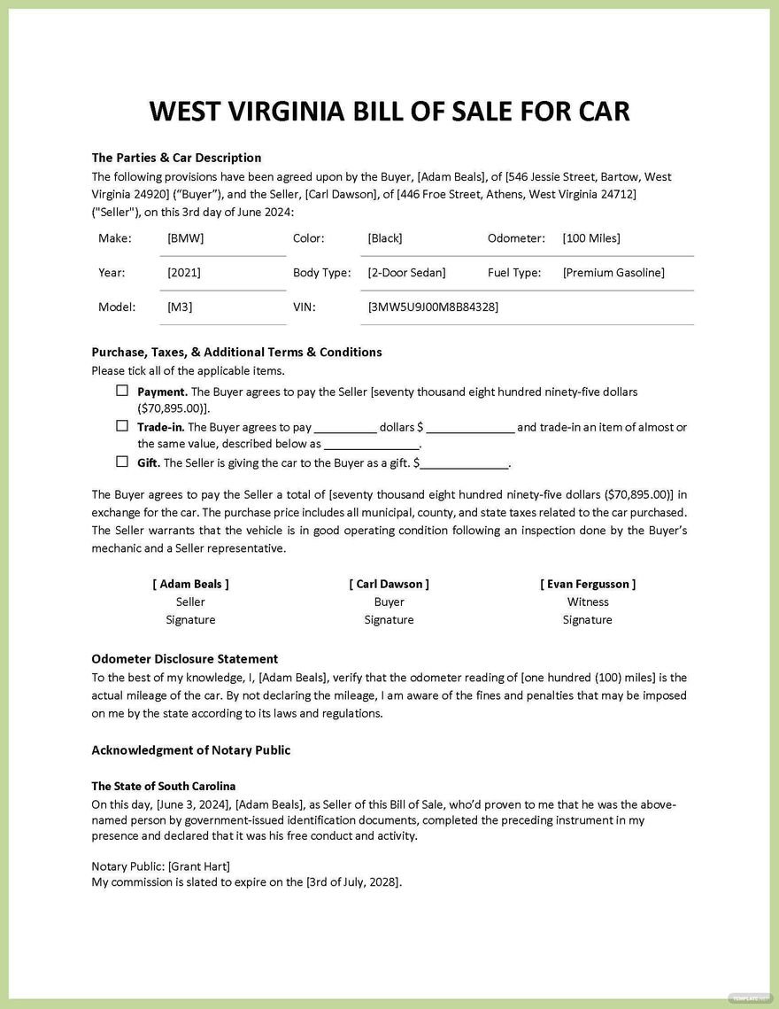 West Virginia Bill of Sale for Car Template in Word, Google Docs, PDF