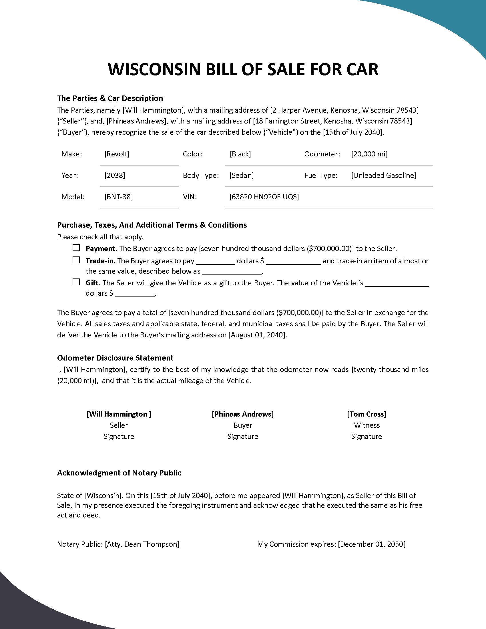 Wisconsin Bill of Sale For Car Template