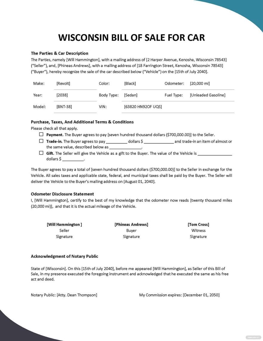 Wisconsin Auto Bill of Sale Template in PDF Word Google Docs