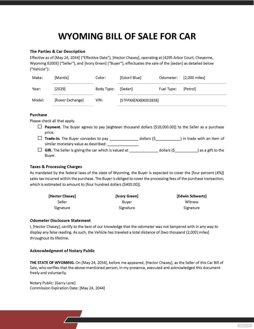 Wyoming Bill of Sale for Car Template