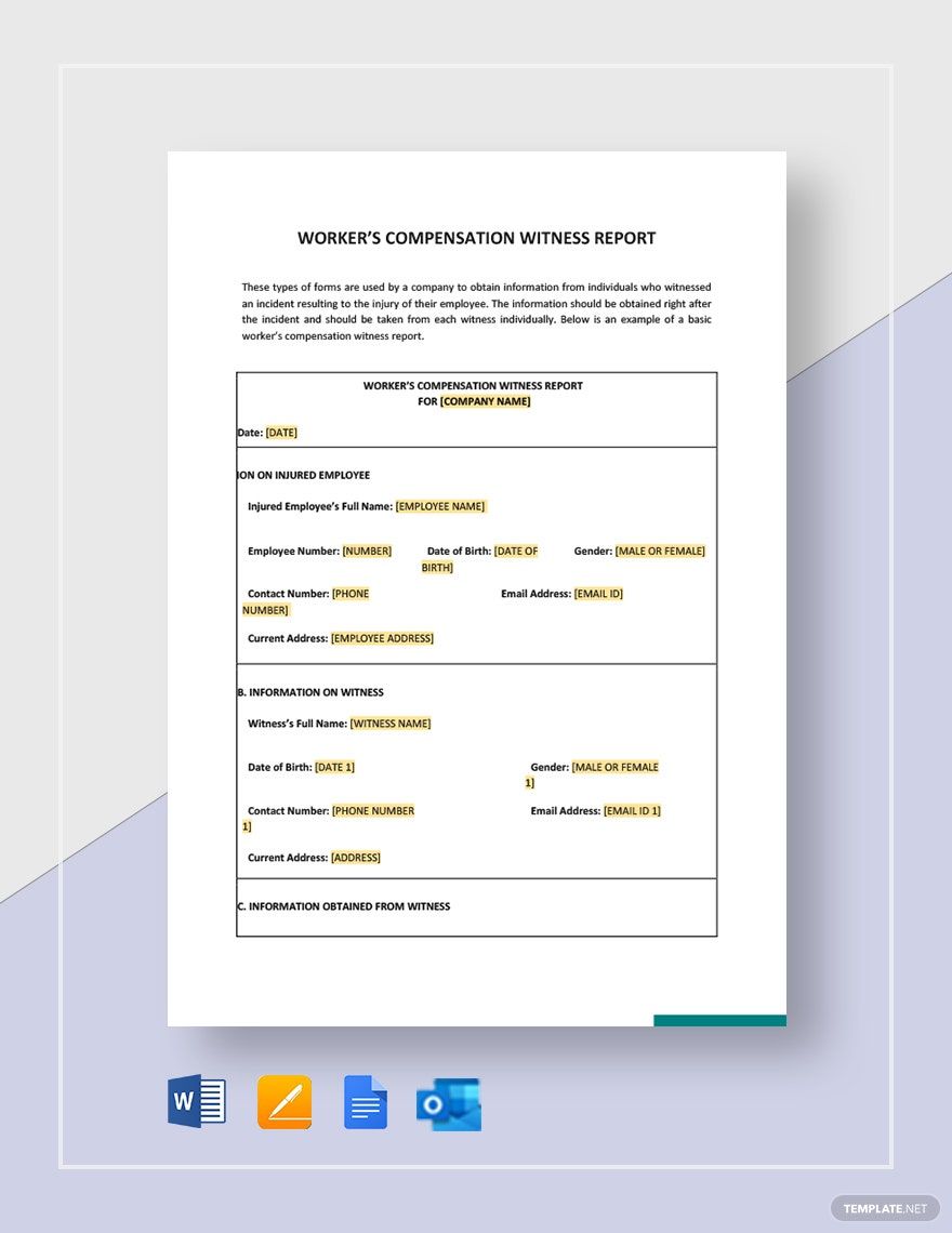 Worker's Compensation Witness Report Template in Word, Google Docs, Apple Pages, Outlook