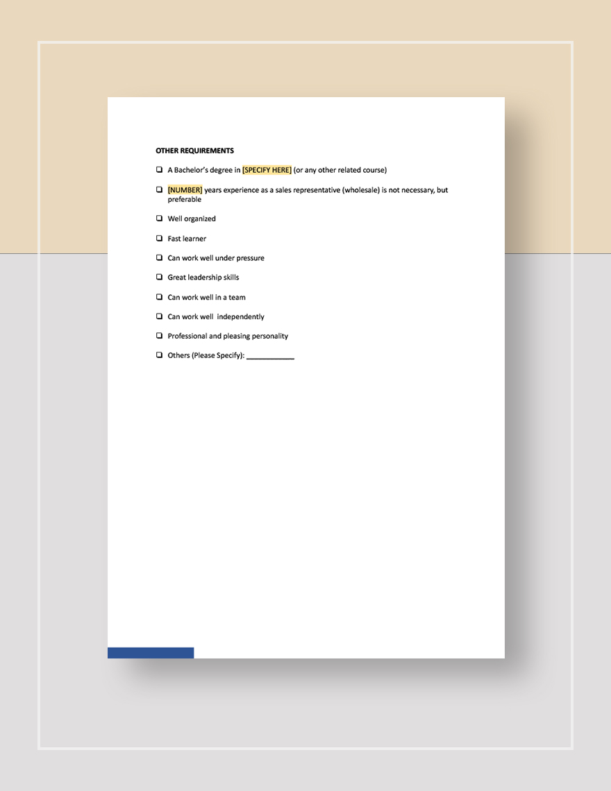 Sales Representative Wholesale Job Description Template Google Docs 