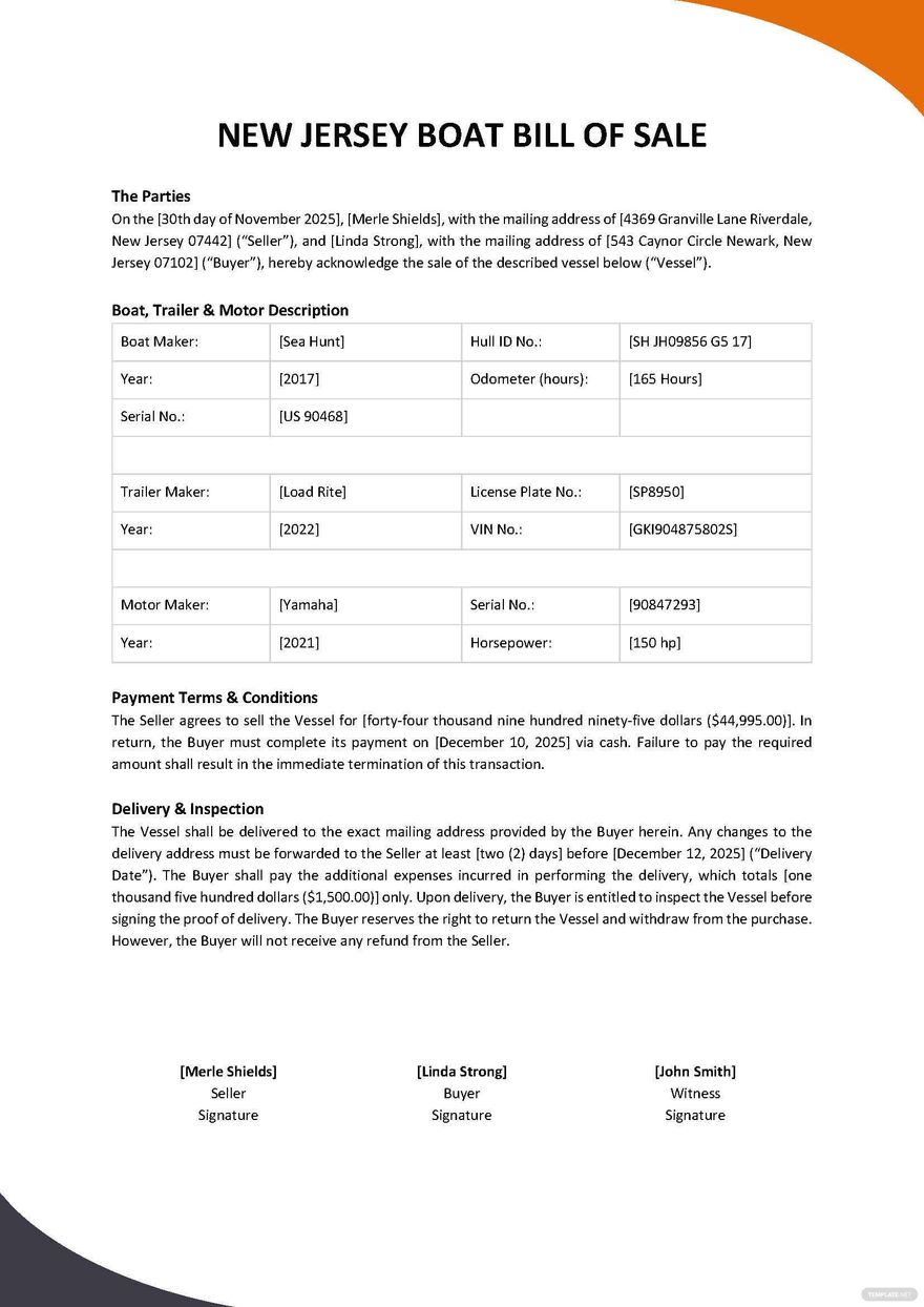 New Jersey Boat Bill of Sale Template Google Docs, Word, PDF