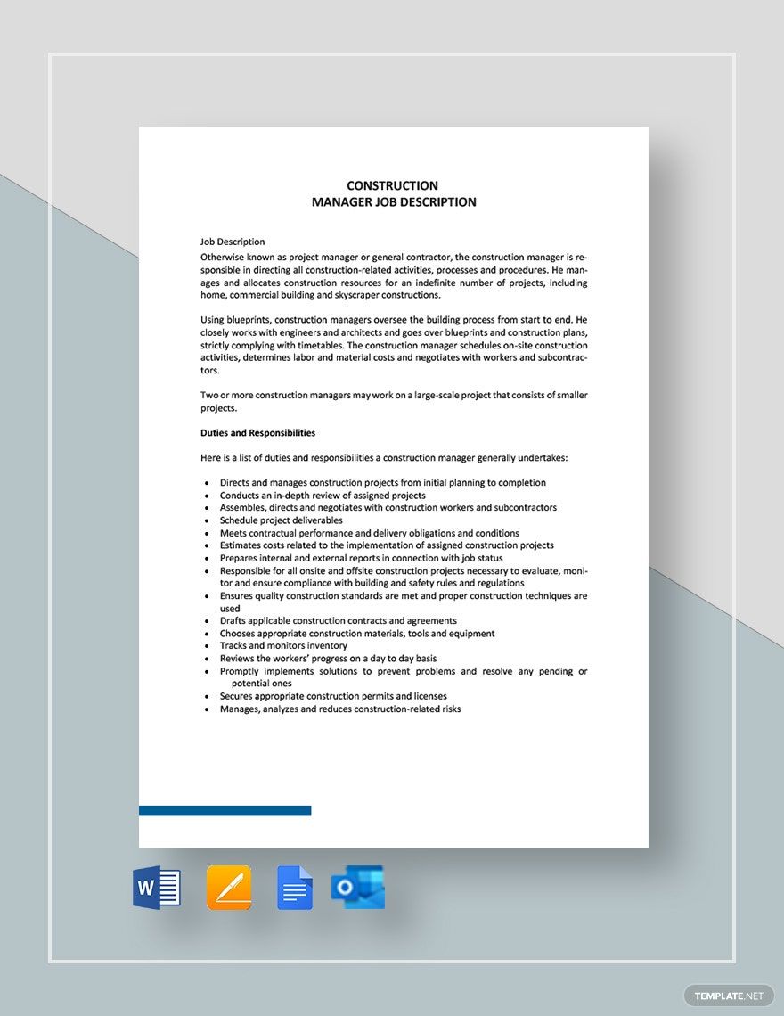 Construction Manager Job Description - Google Docs, Word, Outlook