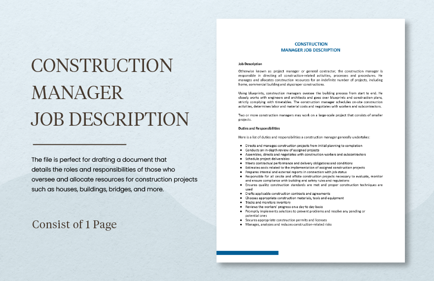 Construction Manager Job Description Google Docs, Word, Outlook, Apple Pages, PDF