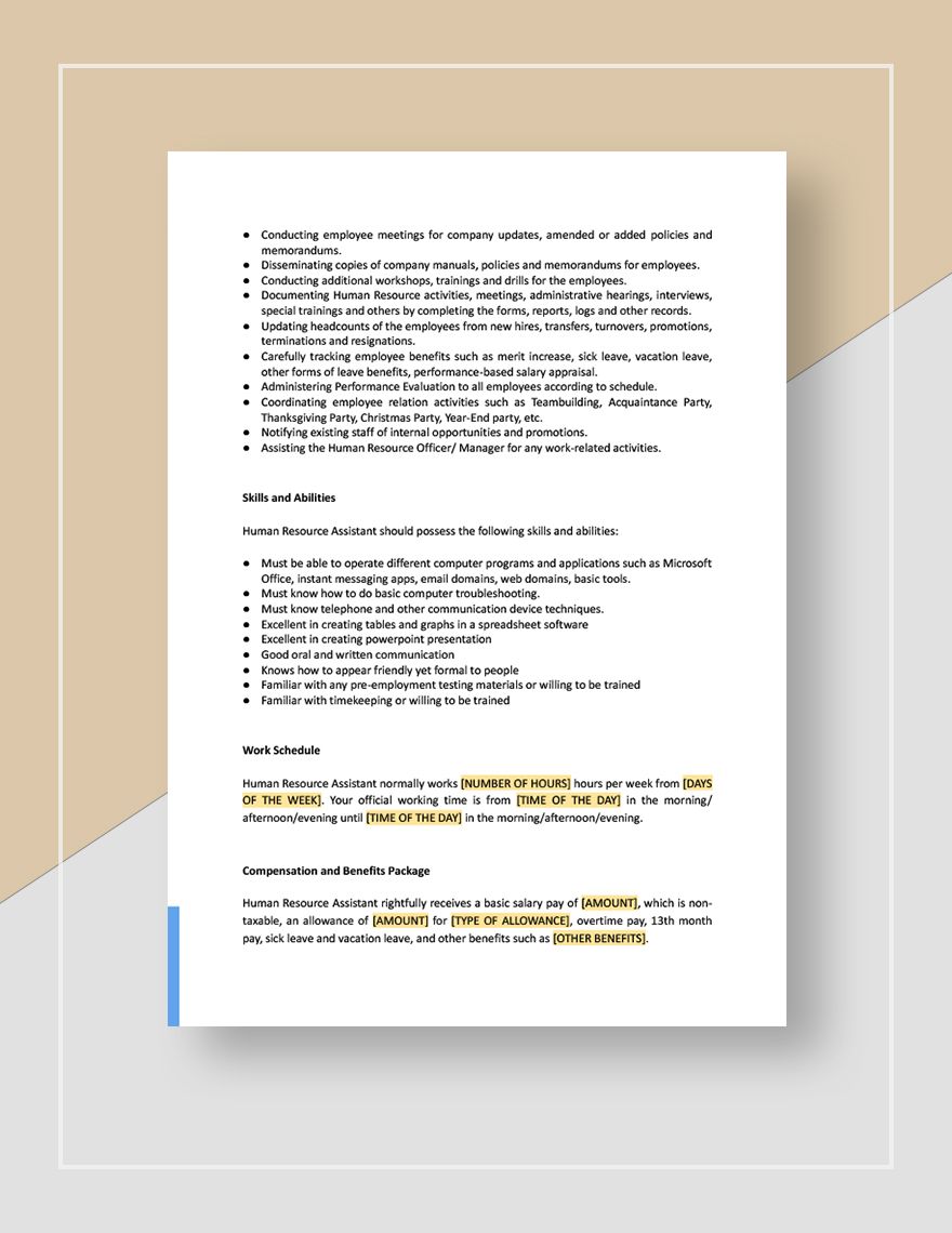 Human Resources Assistant Job Description Download In Word Google 