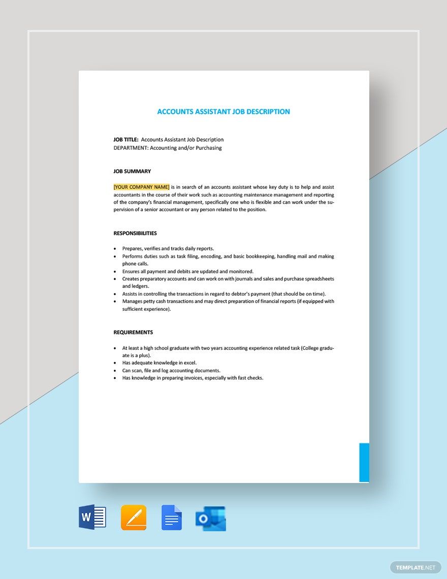 Accounts Assistant Job Description in Google Docs, Word, Pages, Outlook, PDF - Download | Template.net