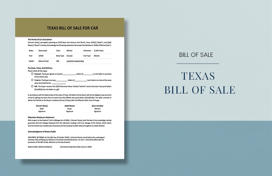 Texas Bill of Sale for Car Template in Word, Google Docs, PDF