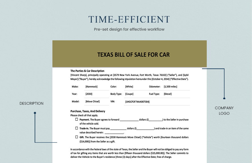 Texas Bill of Sale for Car Template