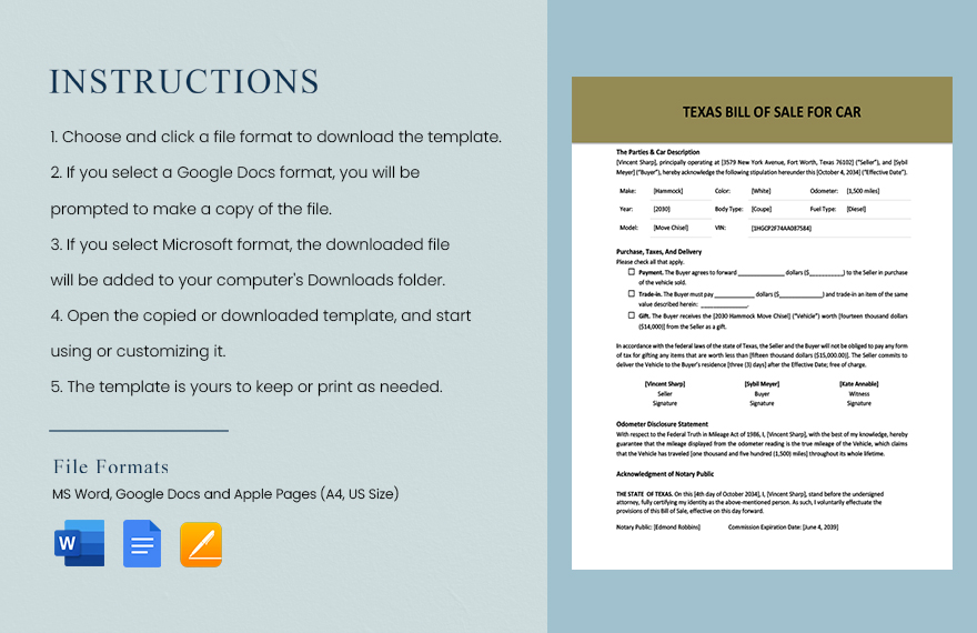 Texas Bill of Sale for Car Template