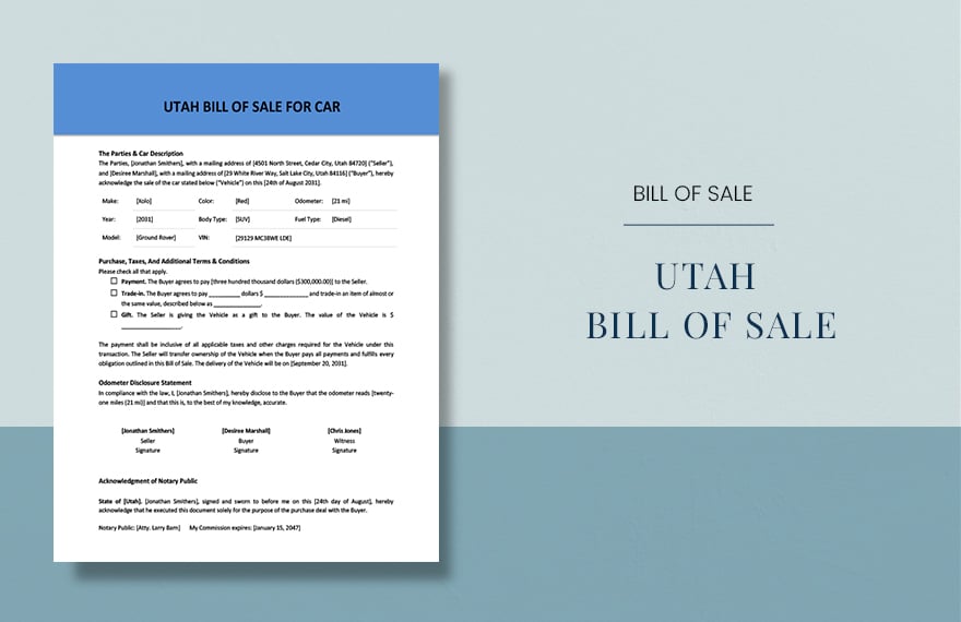 Utah Bill of Sale for Car Template