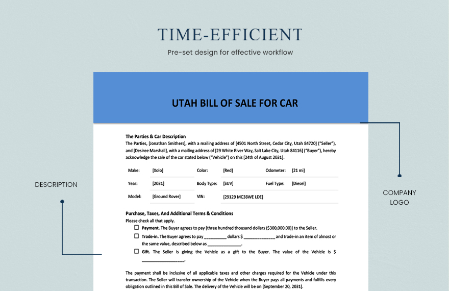 Utah Bill of Sale for Car Template