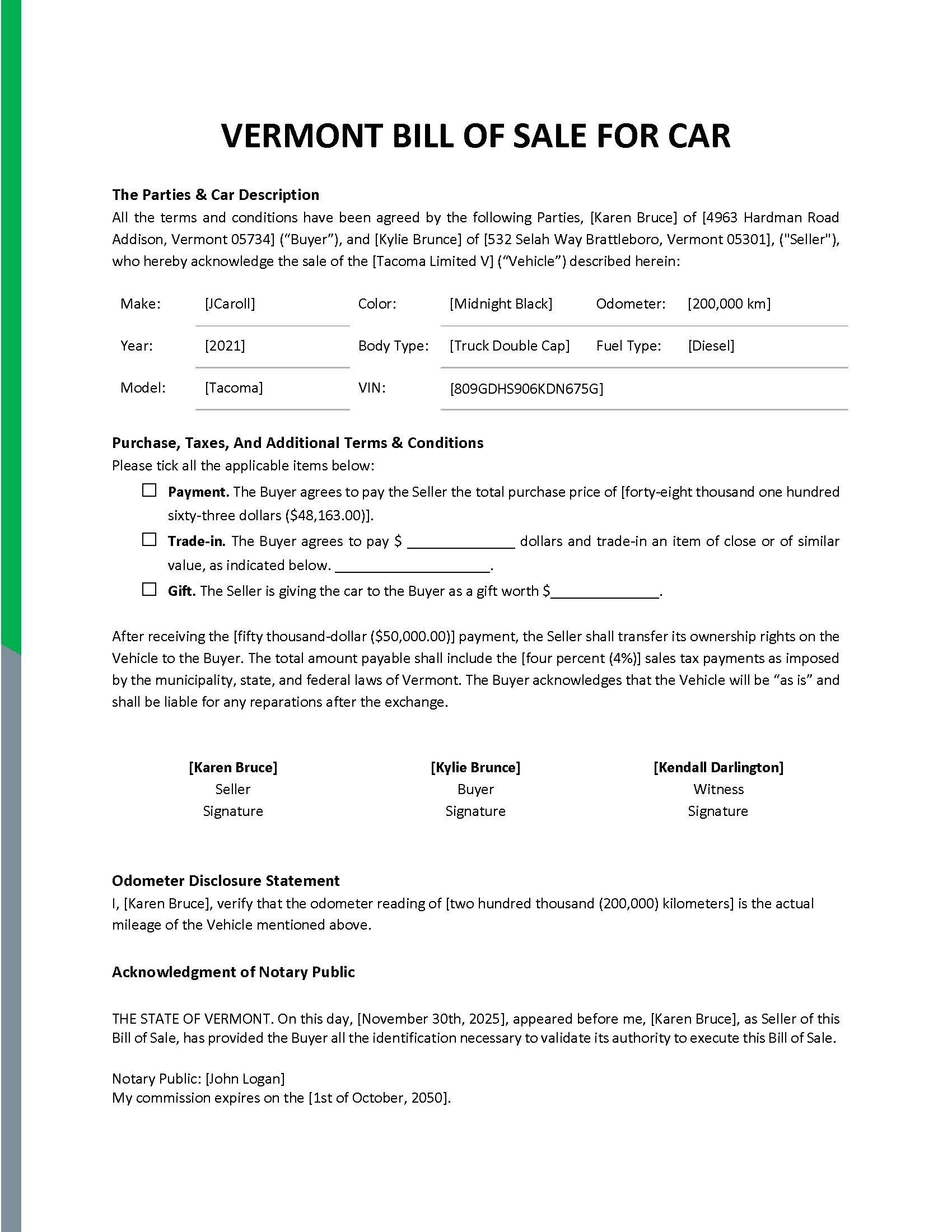 Vermont Bill of Sale For Car Template