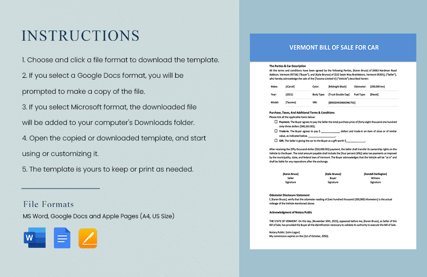 Vermont Bill of Sale for Car Form Template