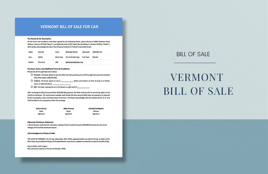 Vermont Bill of Sale for Car Form Template