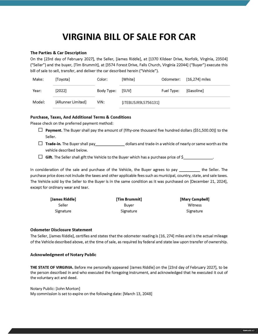 Vehicle Bill Of Sale Virginia Template