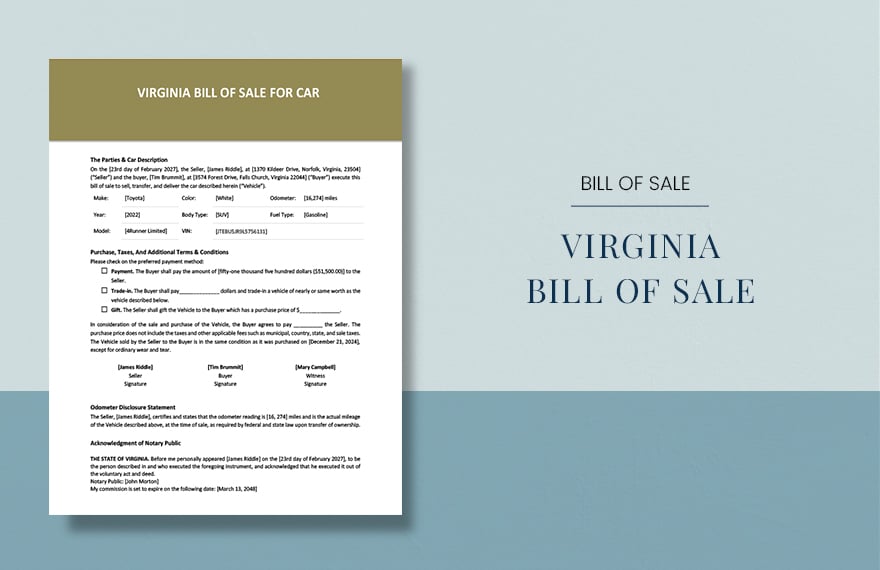 Virginia Bill of Sale for Car Form Template
