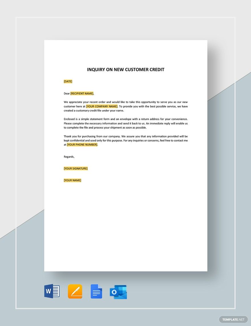Inquiry on New Customer Credit Template in Word, Google Docs, PDF, Apple Pages, Outlook