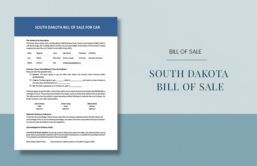 South Dakota Bill of Sale for Car Template