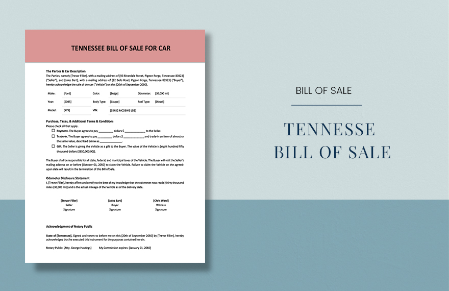 Tennessee Bill of Sale for Car Template in Word, Google Docs, PDF