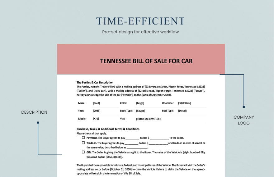Tennessee Bill of Sale for Car Template