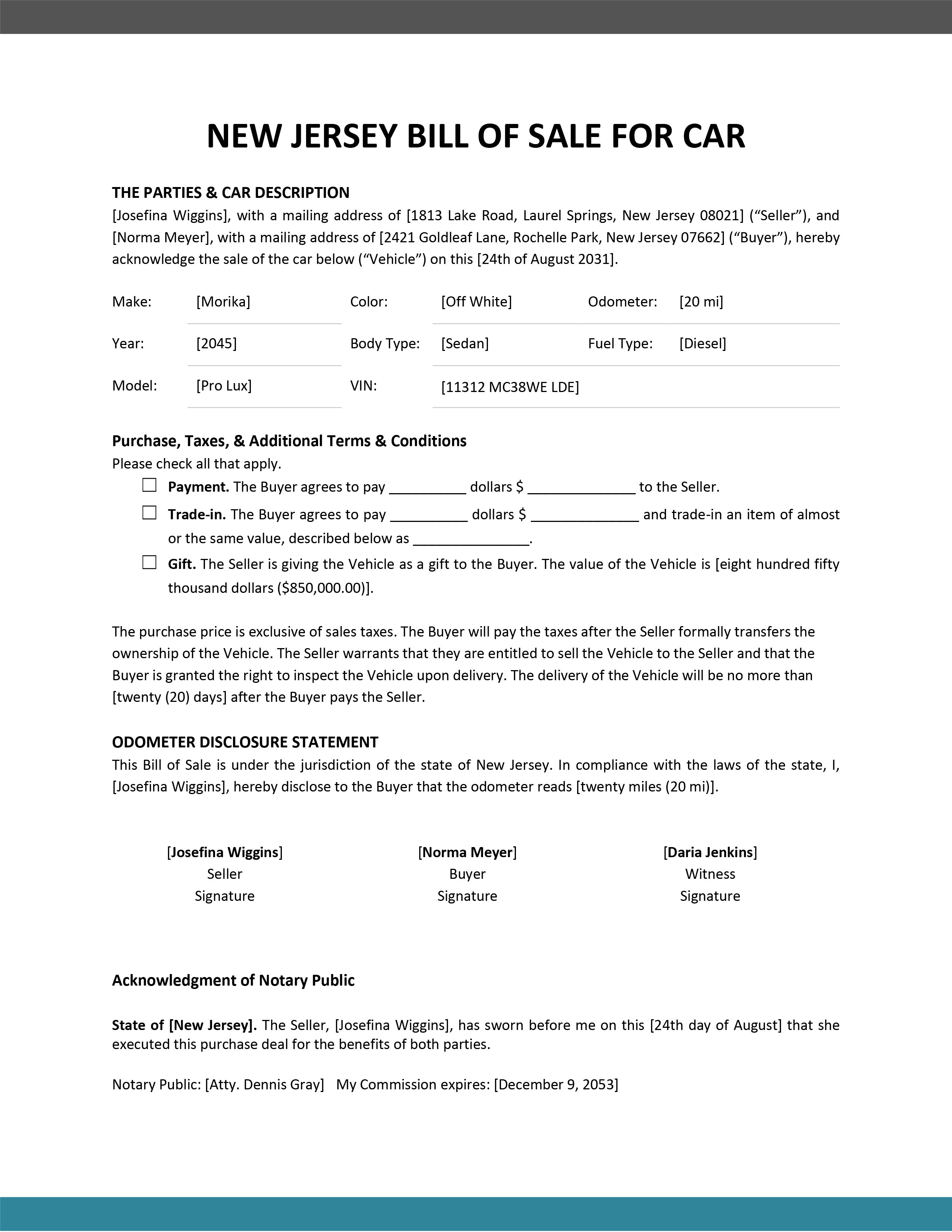 New Jersey Bill of Sale For Car Template